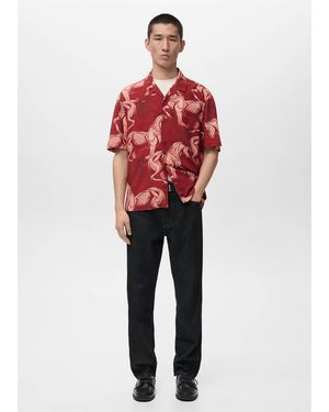 Mango Printed Flowing Shirt With Bowling Collar - Red
