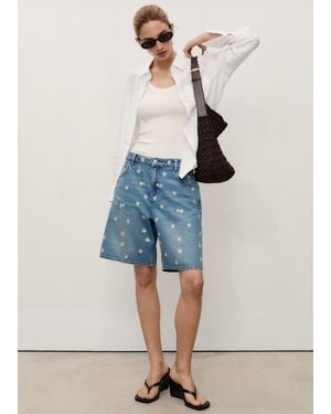 Mango Floral-Embroidered Denim Bermuda Shorts - Blue