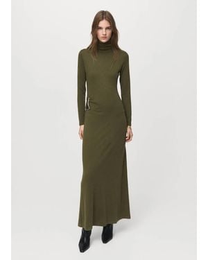 Mango Turtleneck Knitted Dress With Brooch - Green