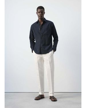 Mango Linen Cotton Shirt With Pocket - Blue