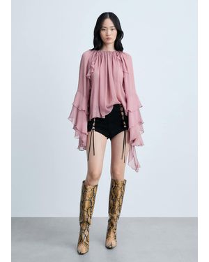Mango Ruffled Chiffon Blouse Pastel - Red