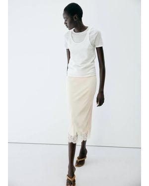 Mango Jupe Satinée Dentelle Écru - Blanc