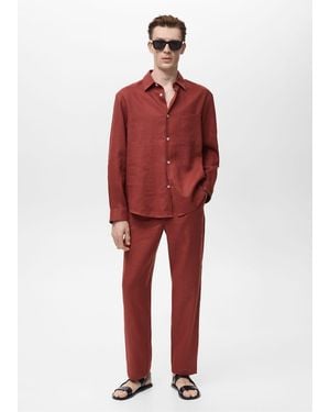 Mango 100% Linen Shirt With Pocket - Red