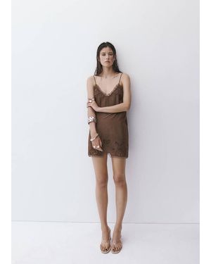 Mango Dress With Openwork Embroidery And Bead Detail Chocolate - White