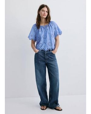 Mango 100% Cotton Blouse With Broderie Anglaise Embroidery - Blue