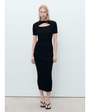 Mango Ribbed Midi-Dress With Slit Neckline - Blue