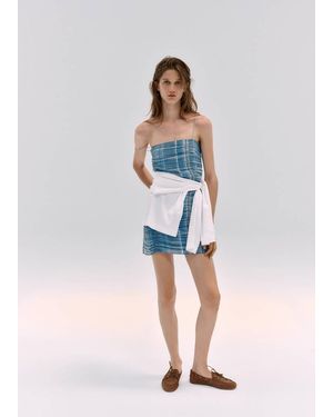 Mango Ruched Check Dress - Blue