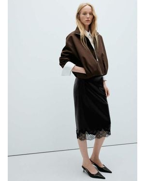 Mango Faux Leather Skirt With Lace Trim - Black