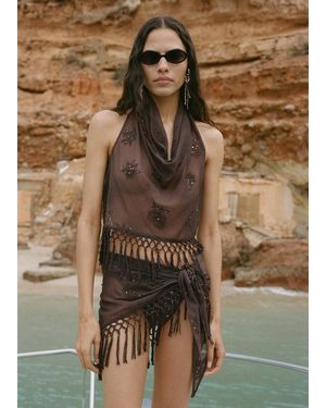 Mango Embroidered Mini-Skirt With Fringe - Brown
