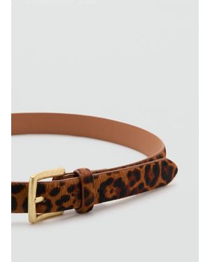 Mango Leopard Fur Leather Belt - Brown