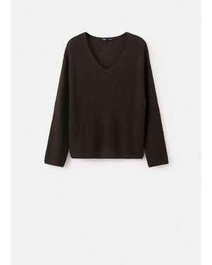 Mango V-Neck Openwork Knitted Sweater - Black