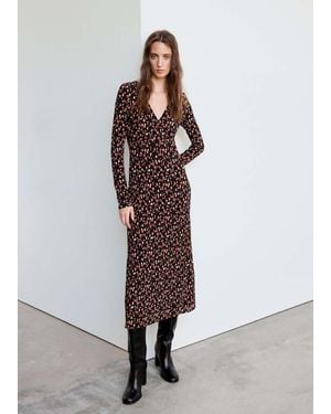 Mango Robe Plissée Imprimée Noir - Violet