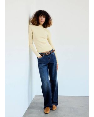 Mango Pull-Over Maille Col Montant Jaune Pastel - Bleu