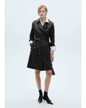 Mango Faux Leather Trench Coat with Belt - Black