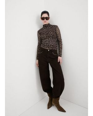 Mango Ruched Polka Dot T-Shirt - Brown