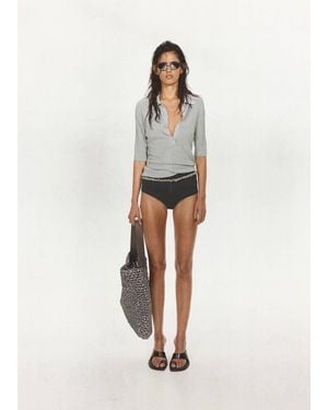 Mango Pull-Over Maille Côtelée Col Polo Gris - Blanc