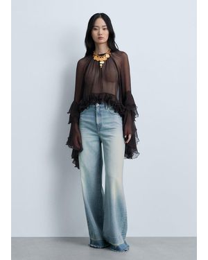 Mango Chiffon Crop Blouse With Ruffles - Blue