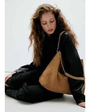Mango Borsa Tipo Sacco Crosta Di Cuoio Marrone Medio - Nero