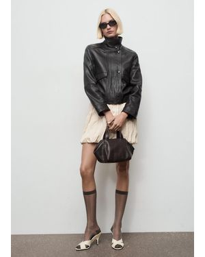 Mango High-Neck Leather Jacket - Green