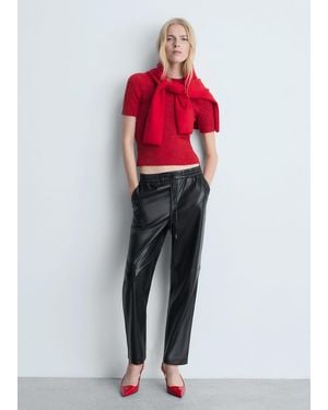 Mango Cropped Leather-Effect Jogger Trousers - Red
