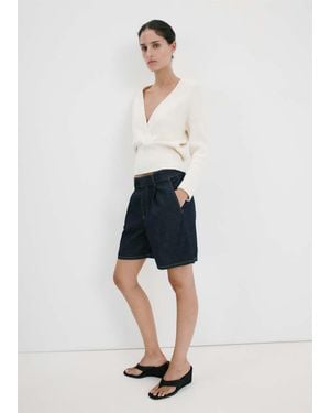 Mango Mid-Rise Denim Bermuda Shorts With Pleats - White