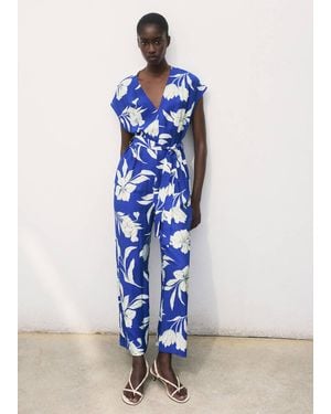 Mango Printed Long Jumpsuit With Belt - Blue