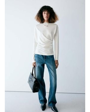 Mango Boat Neck T-Shirt With Draped Detail - White