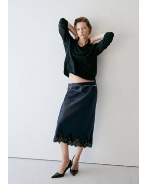 Mango Satin Skirt With Lace Trim - Blue