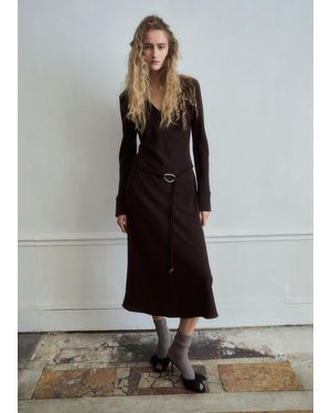 Mango Belted V-Neck Dress - Brown