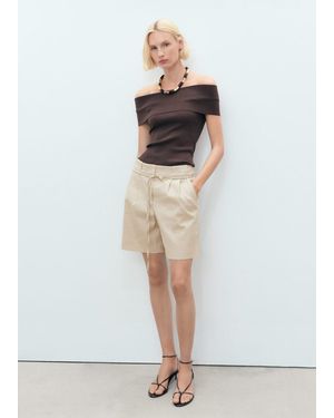 Mango Linen Shorts With Bow And Belt - White