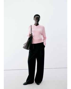 Mango Striped Knit Jumper With V-Neck - White