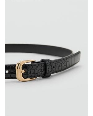 Mango Thin Faux Crocodile Leather Belt - Black