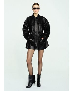 Mango 100% Leather Parka With Cinched Waist - Black