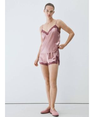 Mango Silk Shorts With Contrasting Lace Trim - Pink