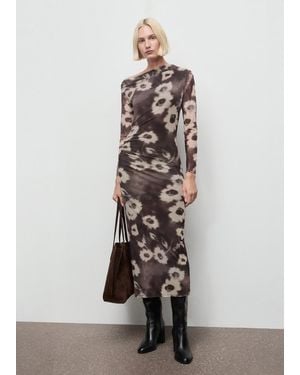 Mango Asymmetrical Floral Print Dress Marrone - Bianco