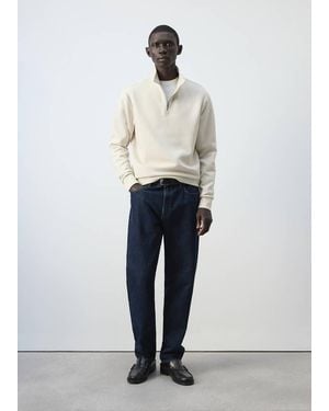 Mango Sweat Coton Mélangé Fermeture Éclair Blanc Cassé - Bleu