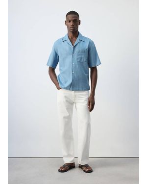 Mango Camicia 100% Cotone Collo Bowling Azzurro - Bianco