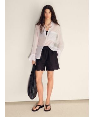 Mango Satin Shorts With Embroidered Hem - Natural