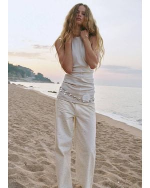 Mango Wide Leg Jeans With Rhinestones - Natural