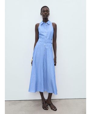 Mango Striped Linen-Blend Shirt-Style Dress - Blue
