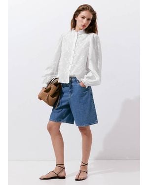 Mango 100% Cotton Blouse With Floral Embroideries - Blue