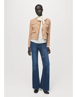 Mango Veste Tweed Bords Effilochés Marron Moyen - Blanc