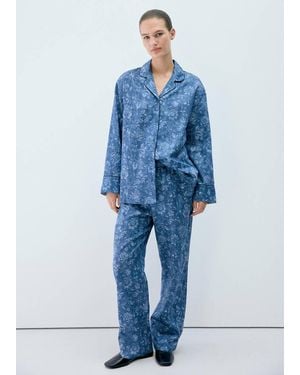 Mango Printed Pyjama Shirt With Piping - Blue