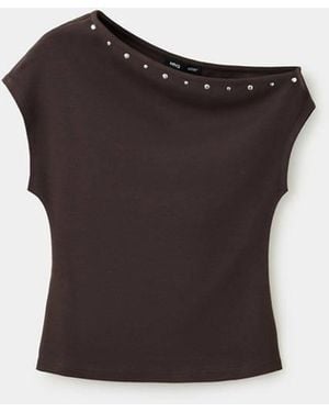 Mango Asymmetric Studded T-Shirt - Black