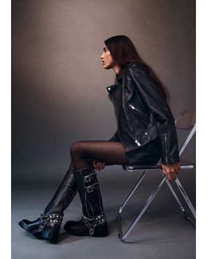 Mango Buckles Leather Boots - Grey
