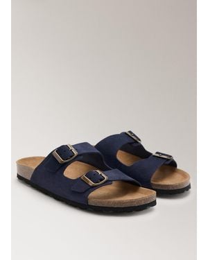 Mango Double Buckle Leather Sandals - Blue