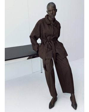 Mango Linen Jacket With Belt - Brown