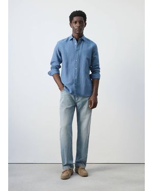 Mango Regular-Fit Striped Cotton-Linen Shirt - Blue