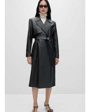 Mango 100% Leather Belted Trench Coat - Black