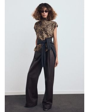 Mango Blouse Satinée Léopard Marron - Blanc